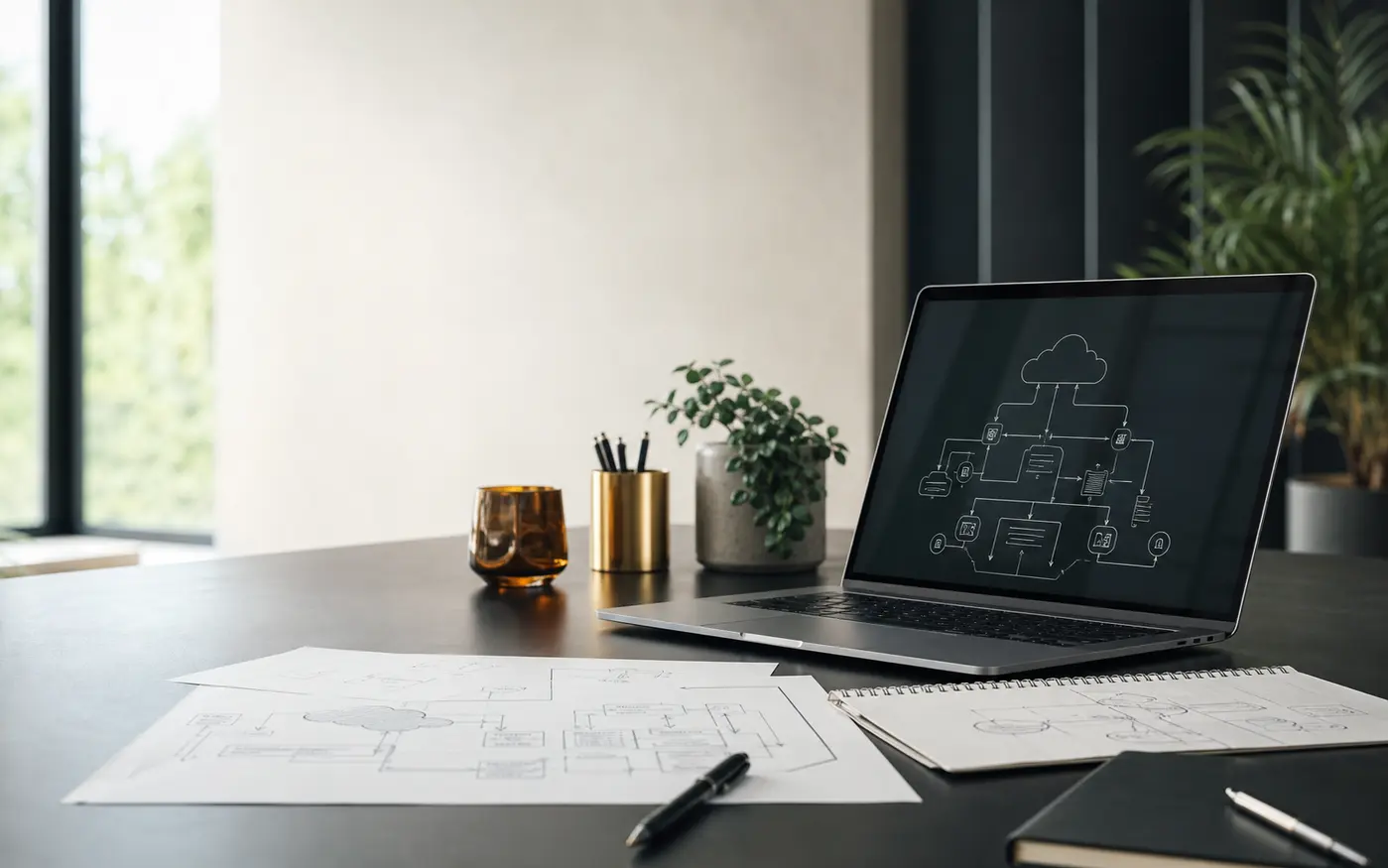 Engineering workspace with a laptop showing a cloud architecture diagram.